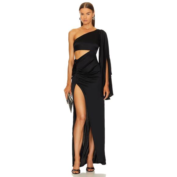 Michael Costello X Revolve Kamaria Gown One Shoulder Cut-Out Slit Black Size XXS